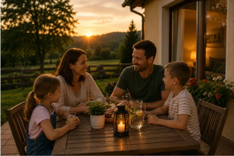 družina večerja na terasi apartmaja na poni ranču ogrizek ob sončnem zahodu.