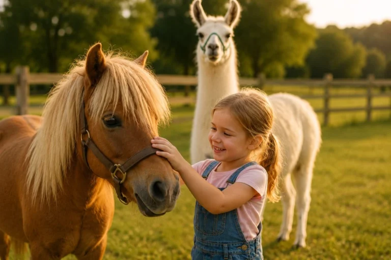 otrok boža ponija na poni ranču ogrizek v podčetrtku, v ozadju stoji lama.